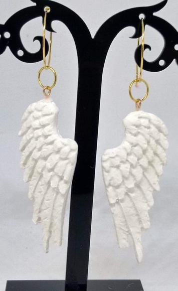 Unique Handmade Polymer Clay White Wing Earrings - Picture 2 of 5